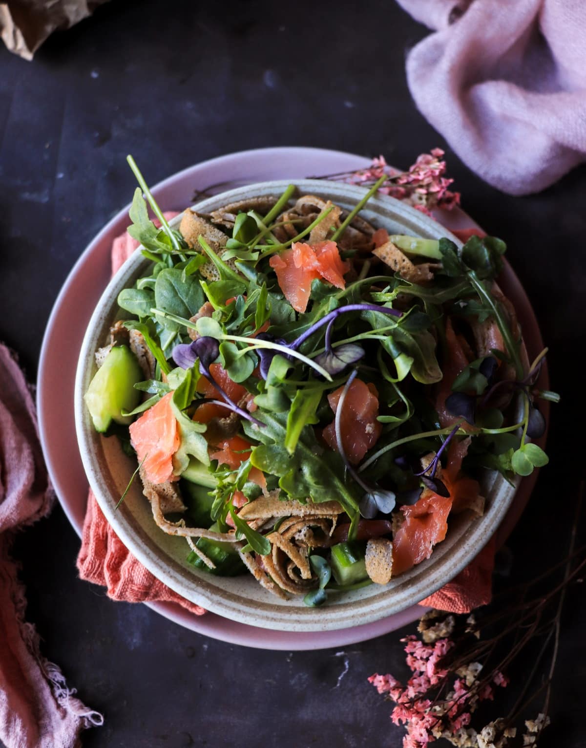 This Nordic-inspired smoked salmon salad with rye crêpes is fresh, rustic, and balanced with dill and a creamy horseradish dressing.