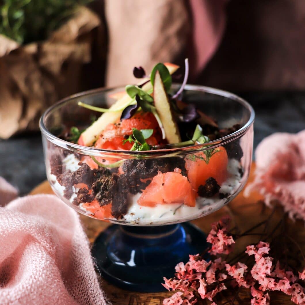 Smoked Salmon Verrine with Pumpernickel Crumbs