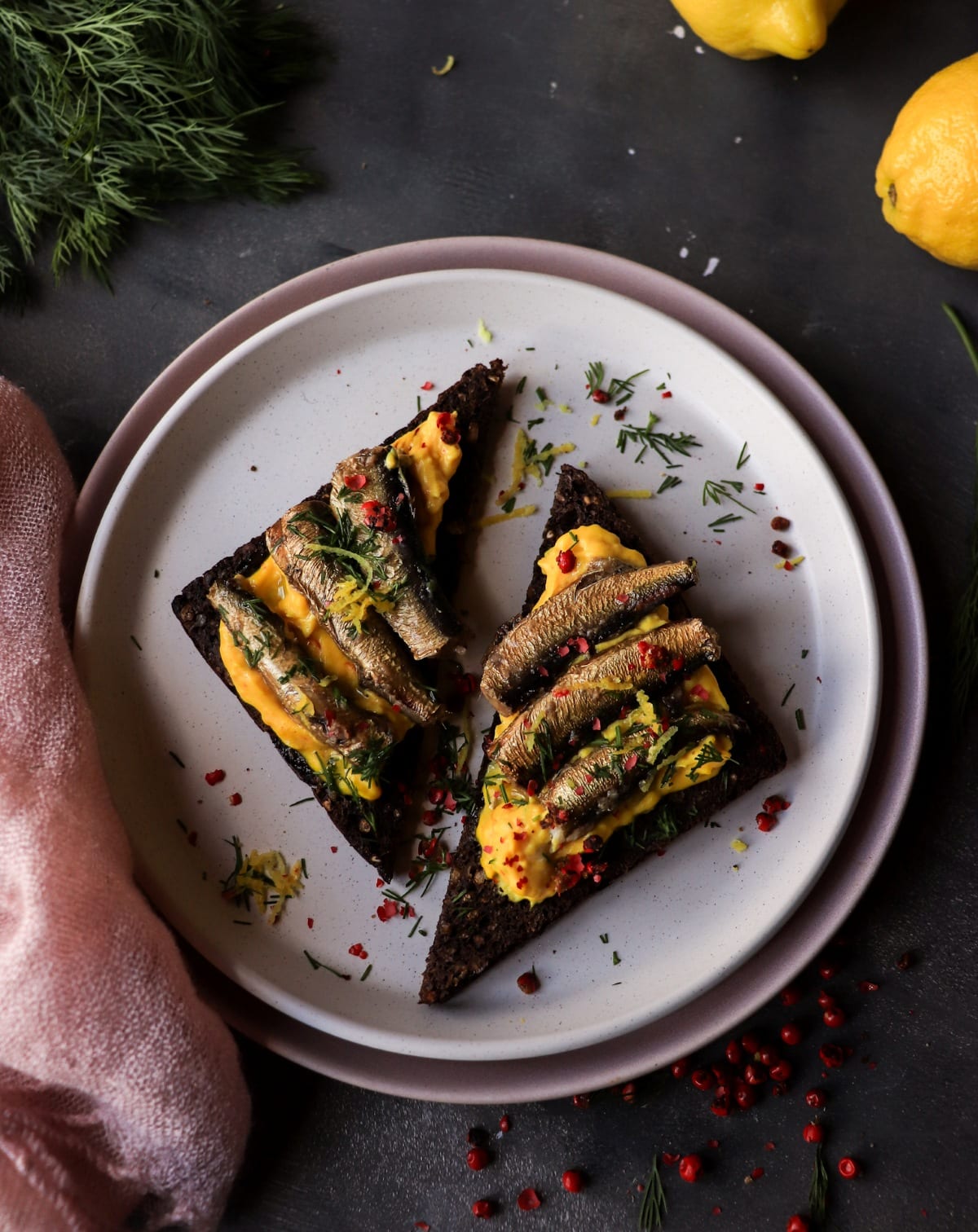 Nordic-inspired rye toast with smoked fish (sprats)