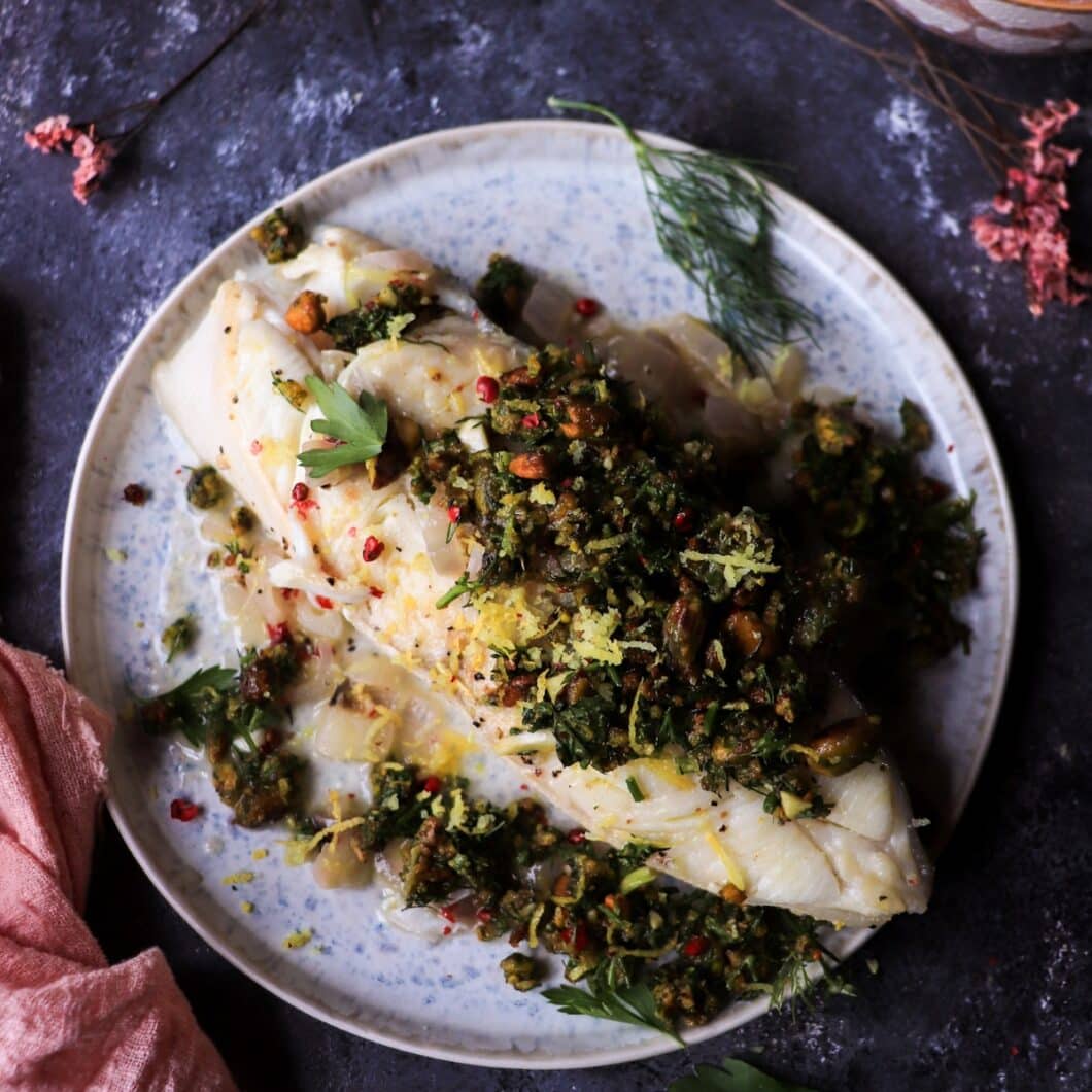 One-Pan White Wine Halibut with Pistachio Gremolata