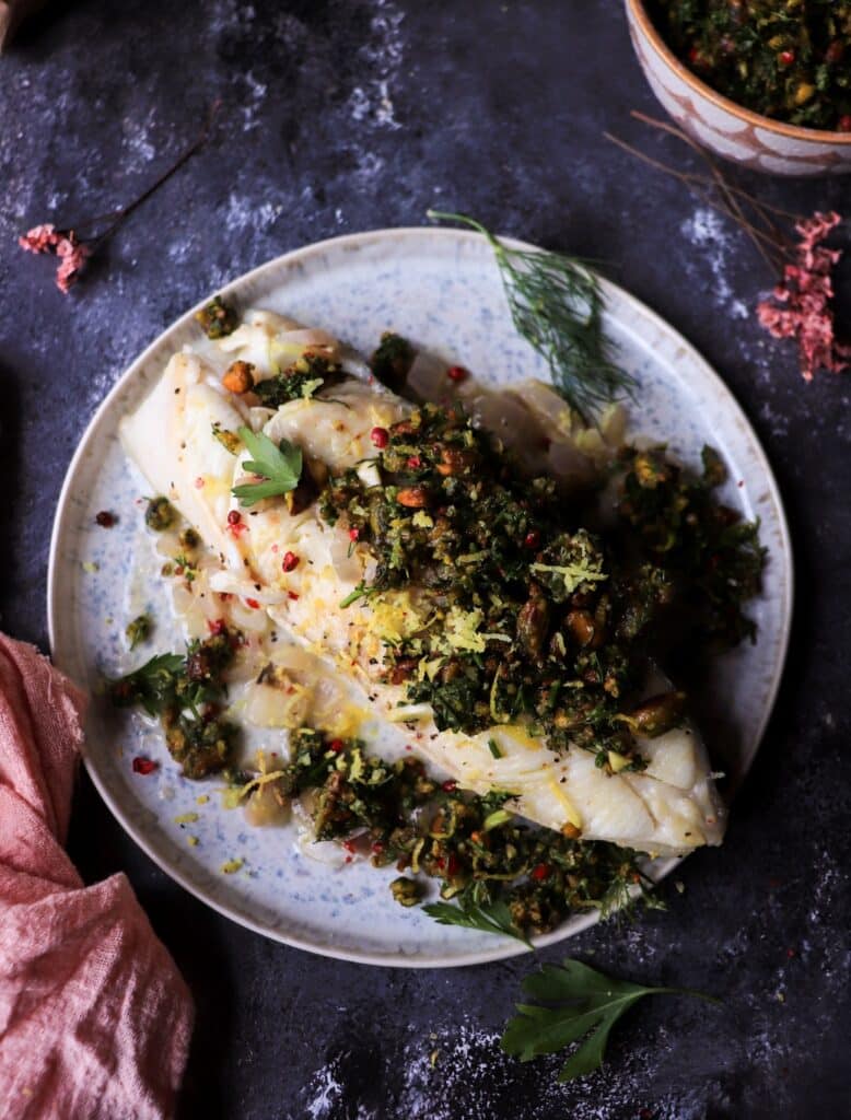 One-Pan White Wine Halibut with Pistachio Gremolata