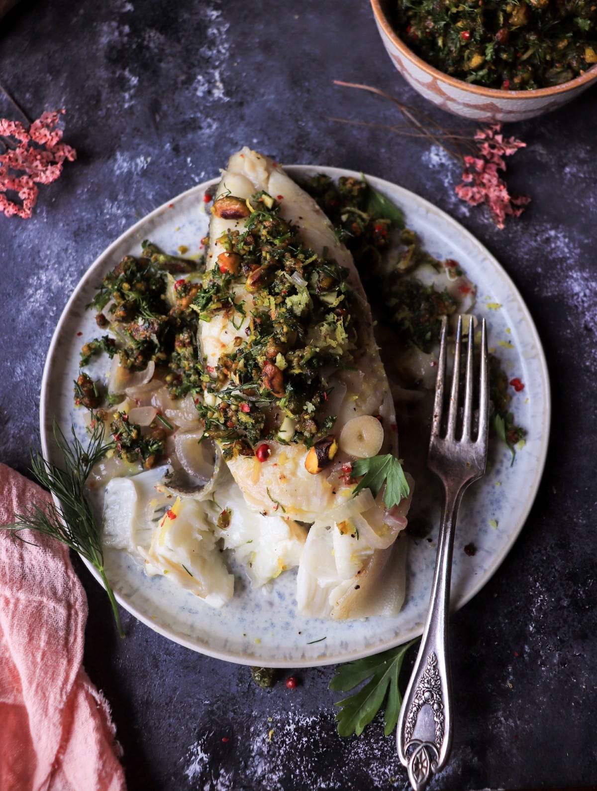 One-Pan White Wine Halibut with Pistachio Gremolata