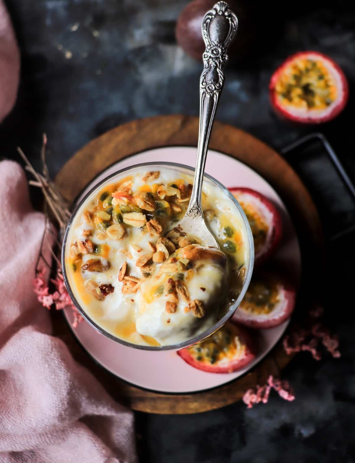 banana passion fruit parfait with Greek yogurt, granola
