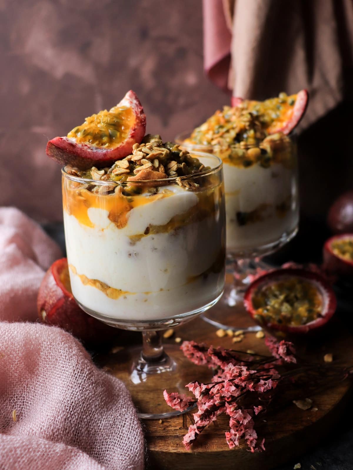 Banana passion fruit parfait with Greek yogurt and granola