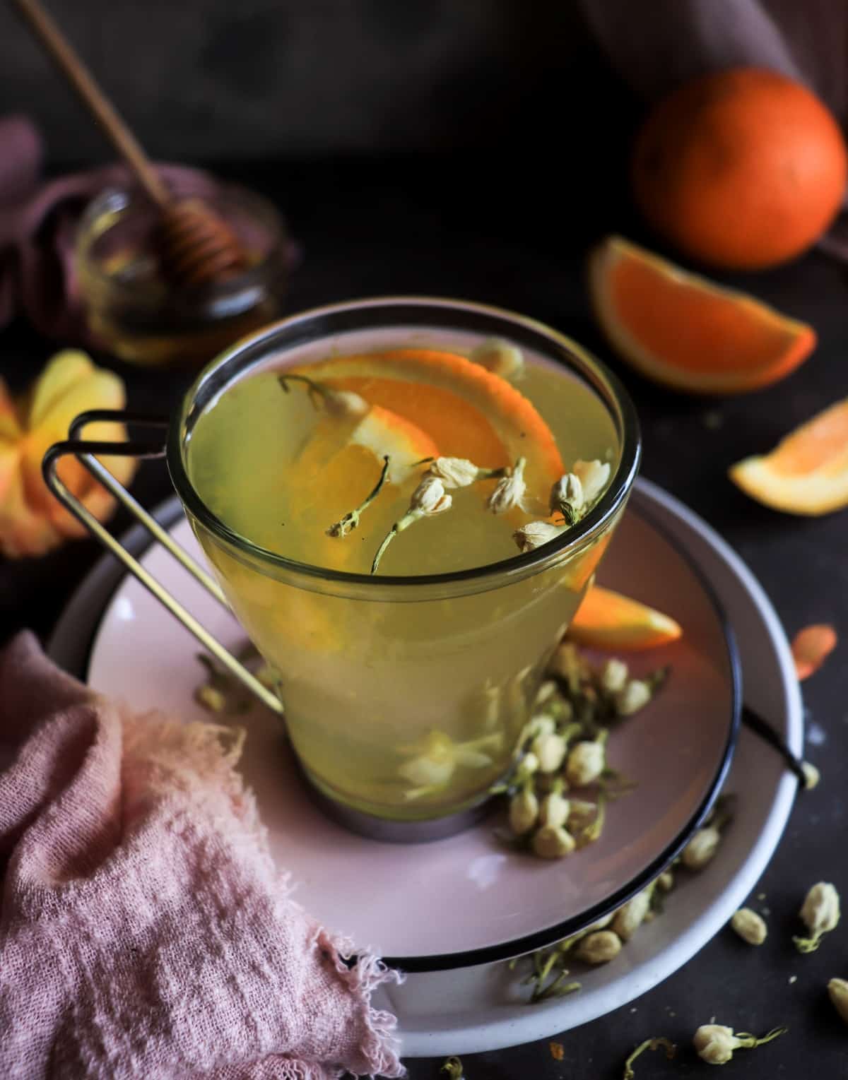 jasmine flower blossom tea recipe with citrus and honey.