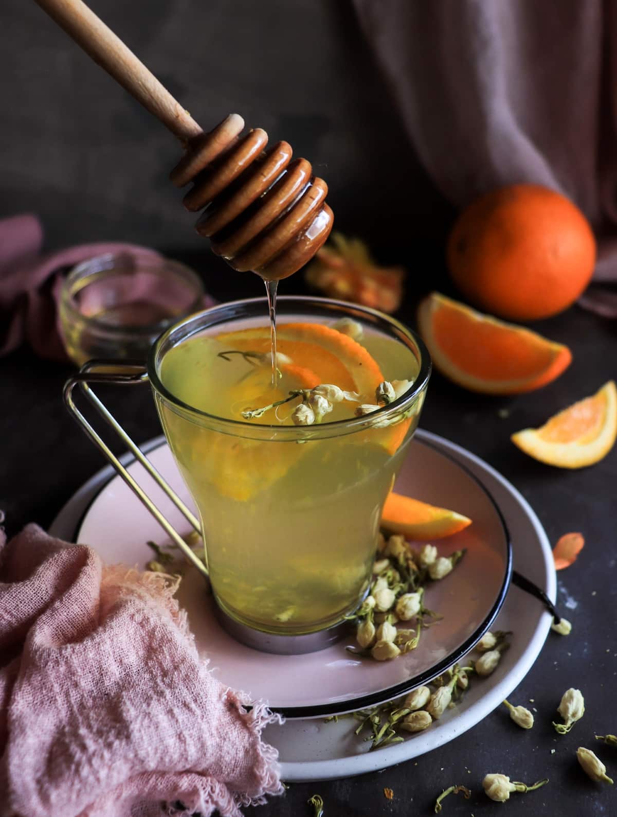 How to make jasmine tea with orange, honey, and vanilla.