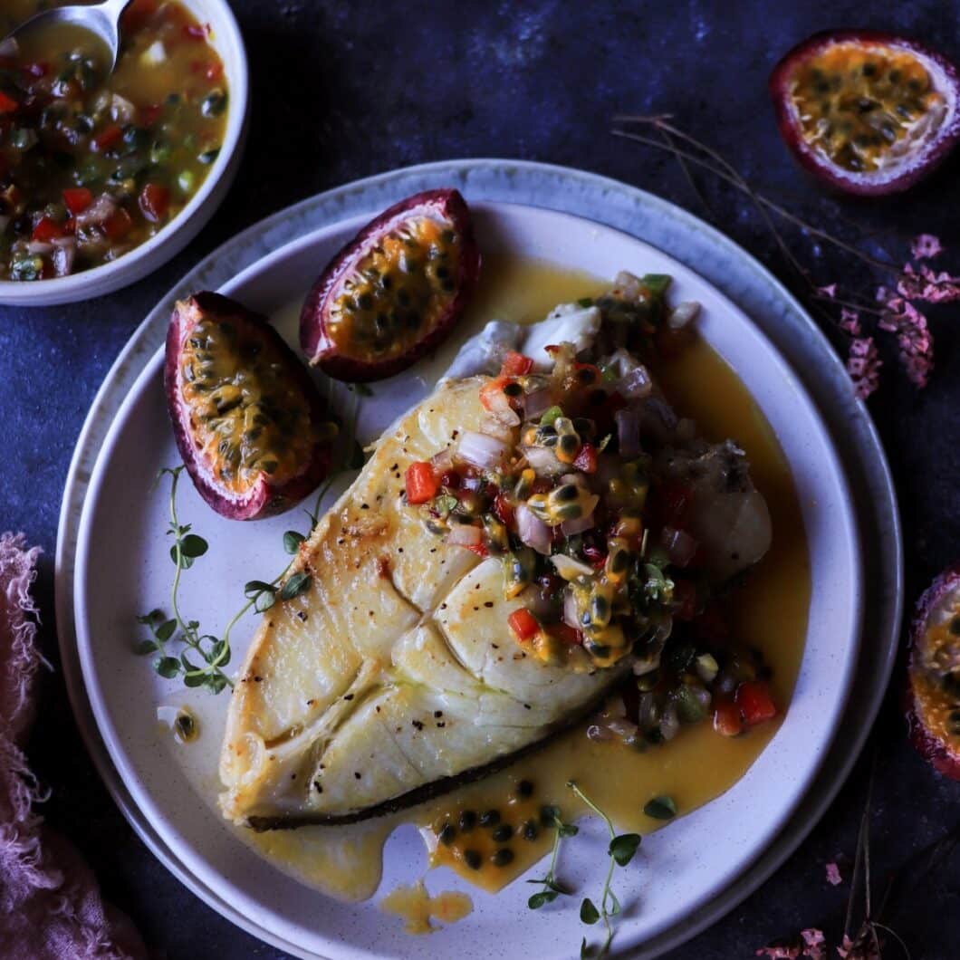 One-Pan Halibut with Passion Fruit Salsa