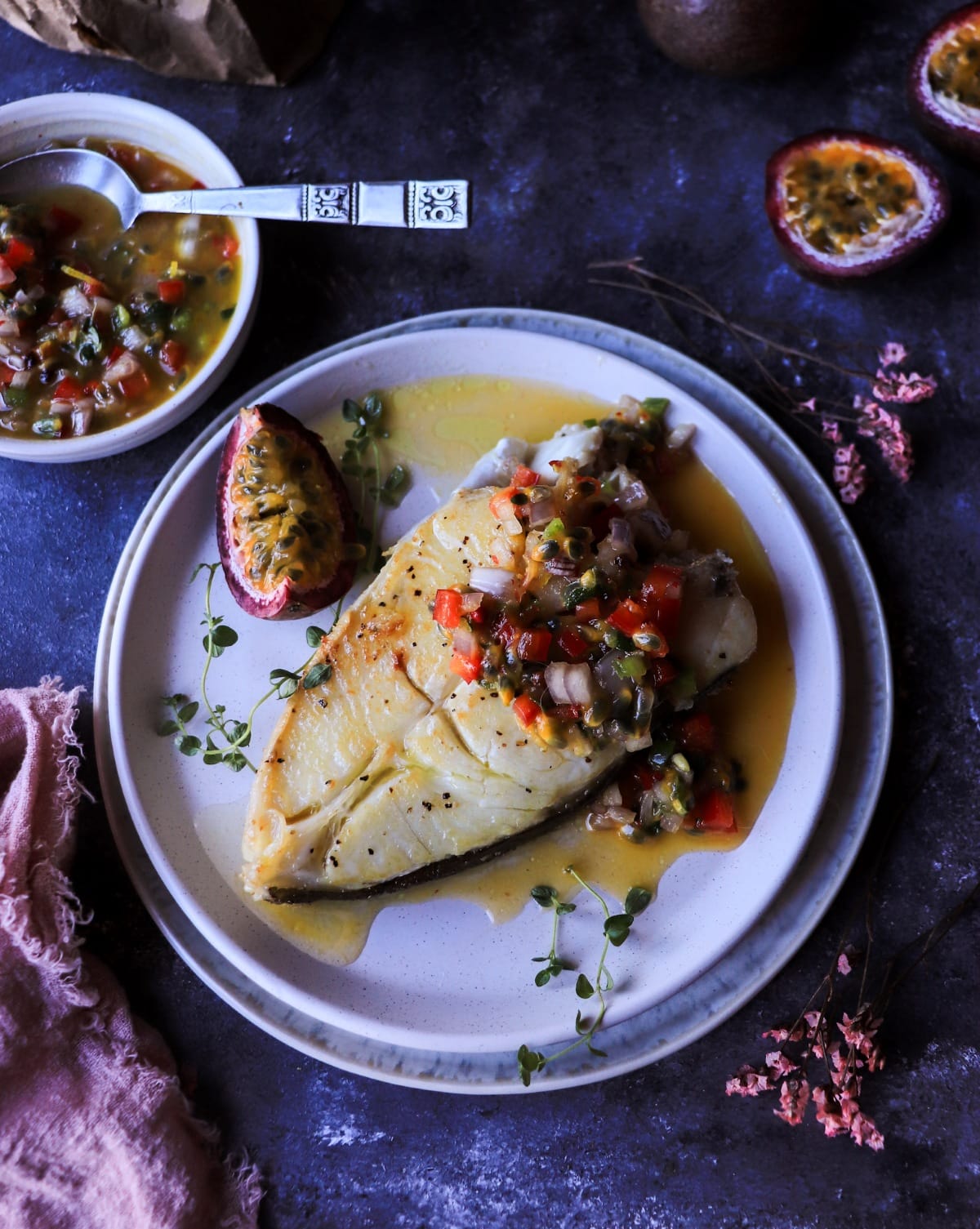 One-pan halibut with fresh passion fruit salsa