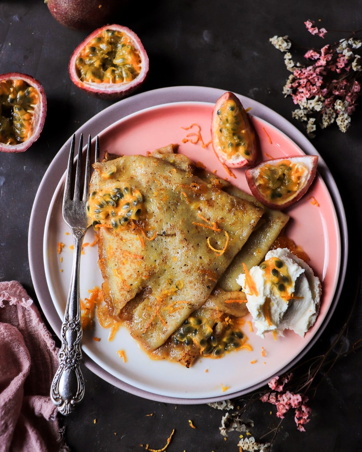Passion Fruit Crêpes Suzette with Boozy Orange Butter Sauce