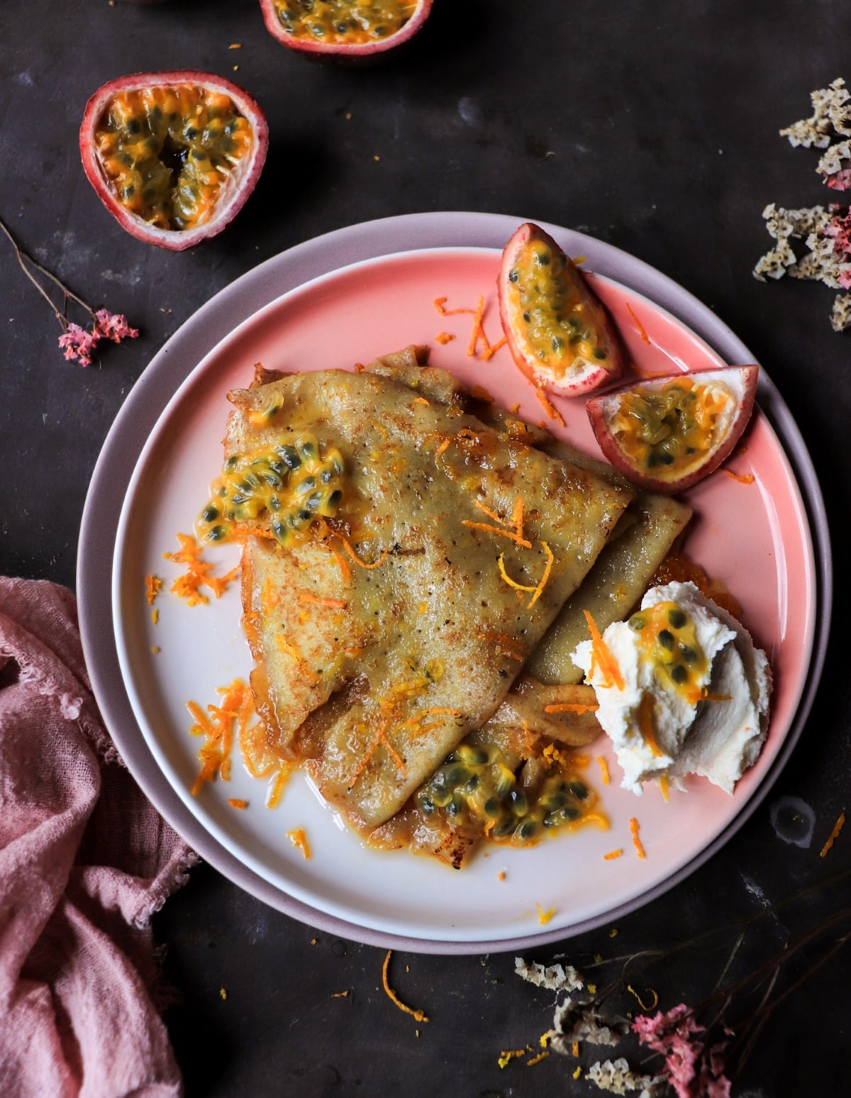 Passion fruit crepes with mascarpone and orange butter sauce
