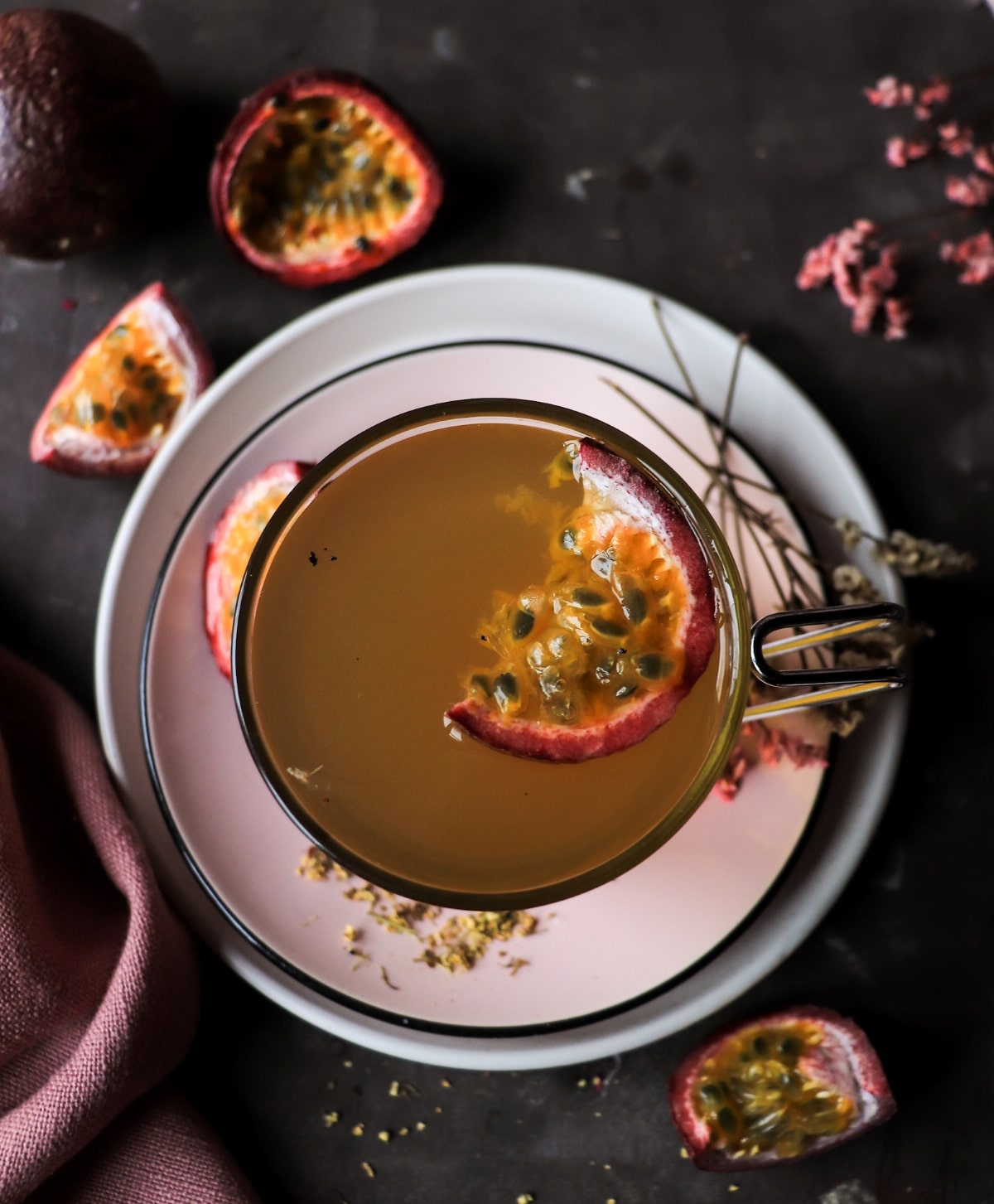 Floral herbal tea made with elderflower blossoms, honey, vanilla, and passion fruit.