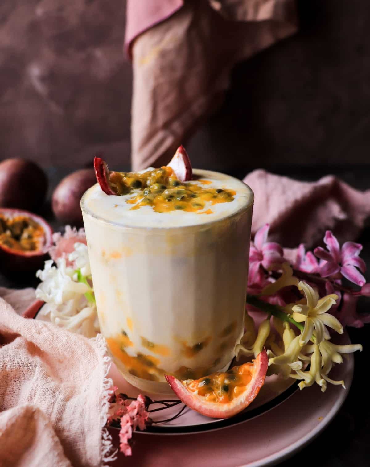 Creamy passion fruit milkshake with tropical fruit pulp, vanilla ice cream, and passion fruit liqueur.