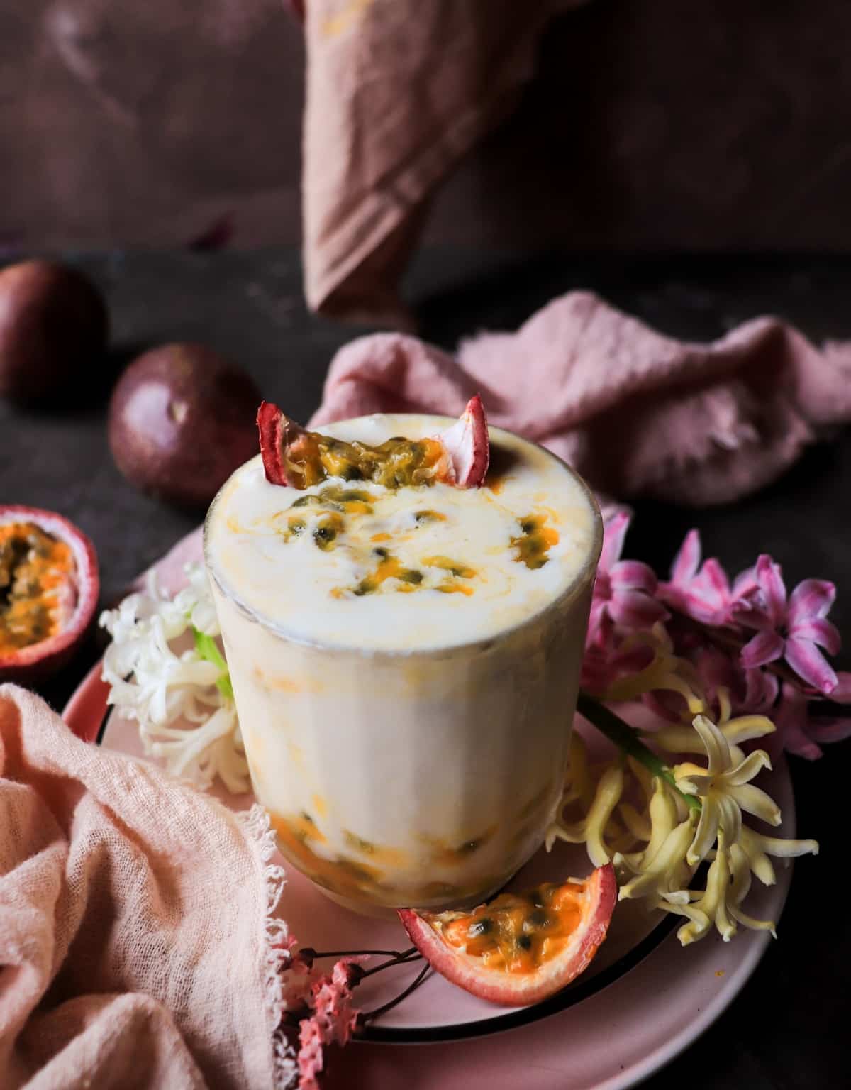 Tropical boozy milkshake with passion fruit
