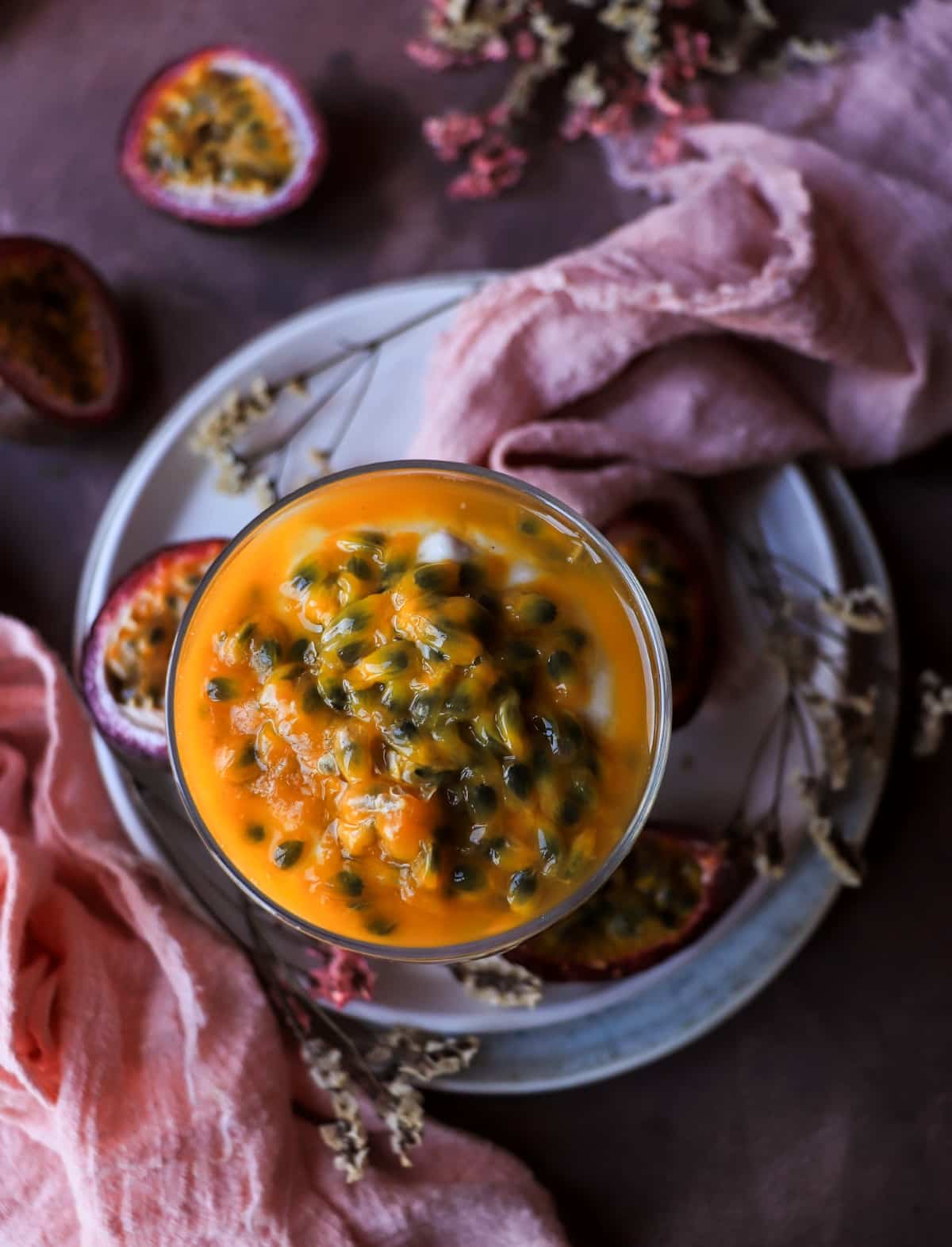 no-bake summer dessert with peaches and passion fruit