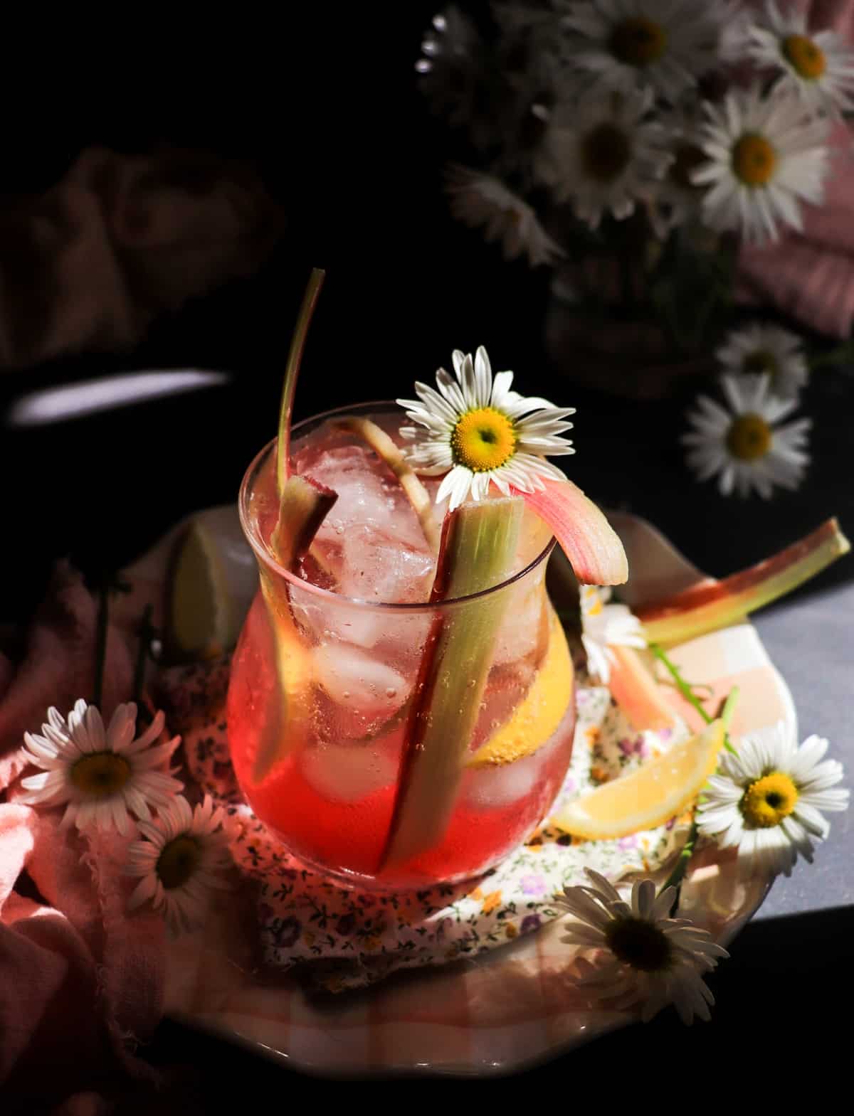 Non-alcoholic sparkling rhubarb drink (fizz) with homemade rhubarb syrup