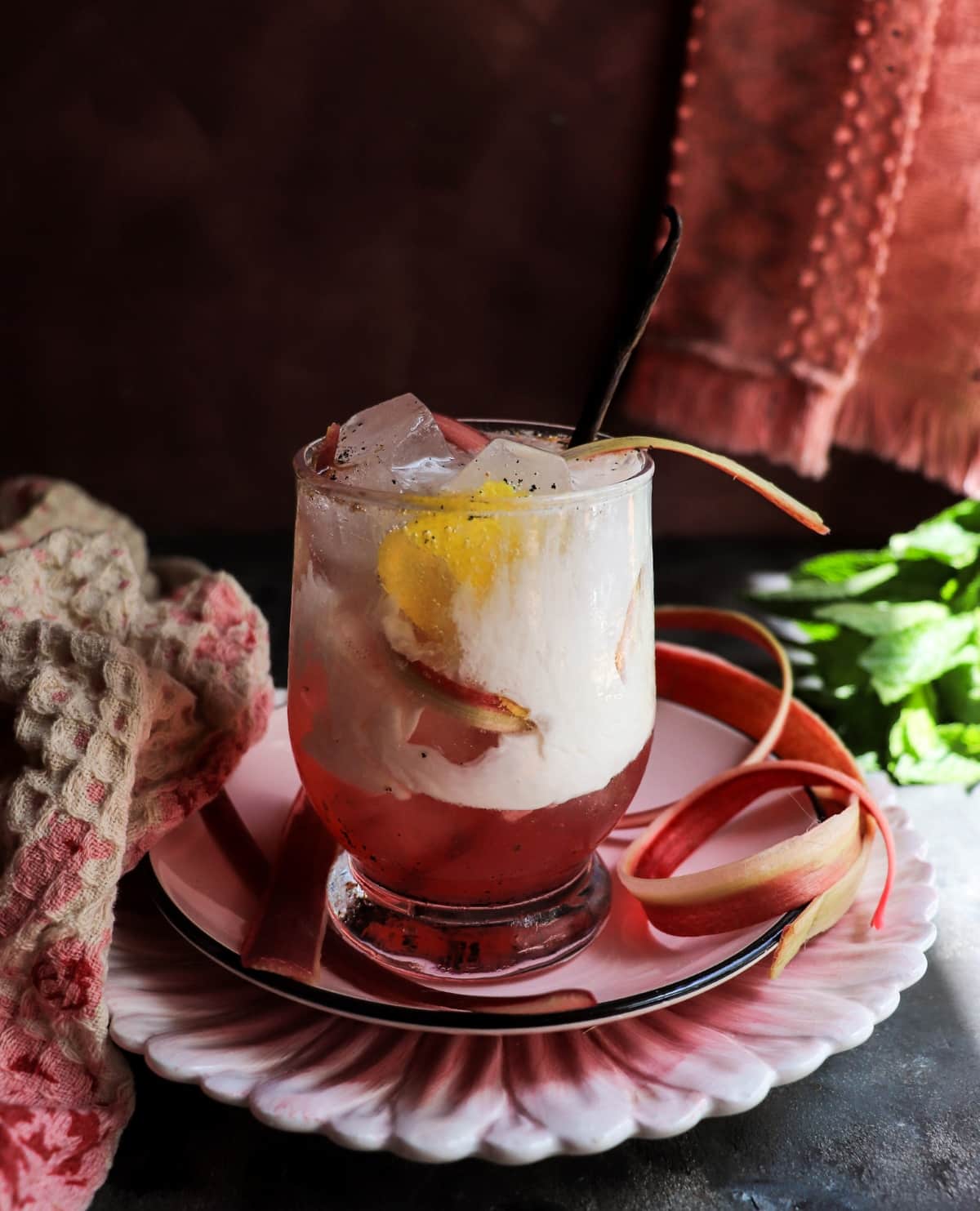 homemade cream soda with rhubarb syrup and vanilla
