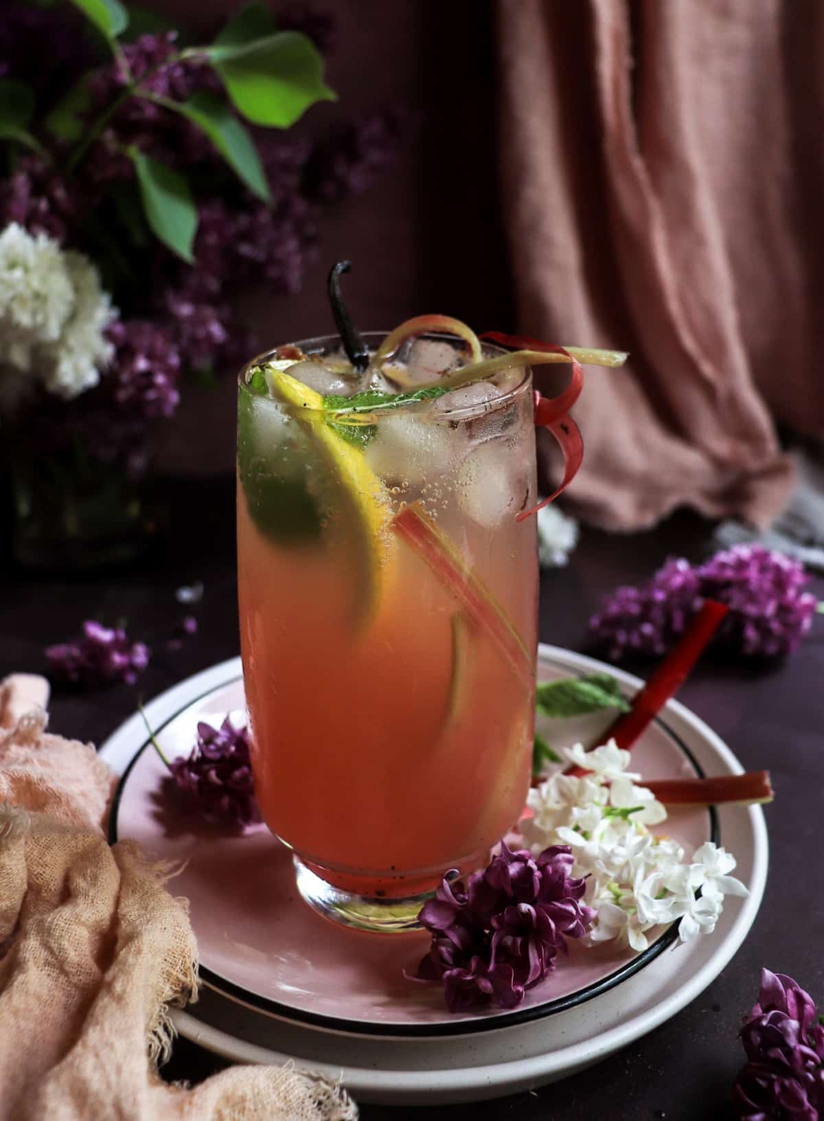 Gin fizz cocktail with rhubarb syrup, vanilla, and lemon