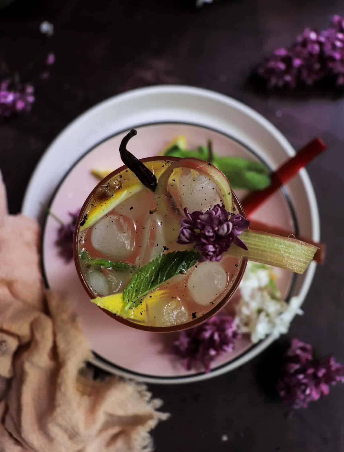 Rhubarb Gin Fizz with homemade rhubarb syrup and sparkling soda.