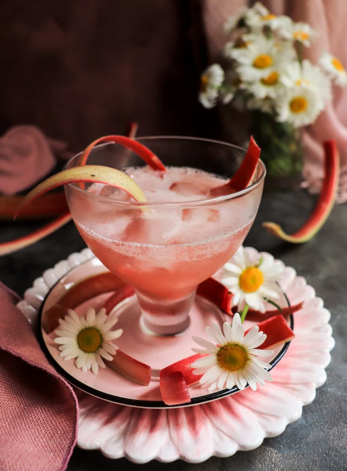 Sparkling rhubarb drink with homemade rhubarb syrup before adding the ice cream for a rhubarb float.