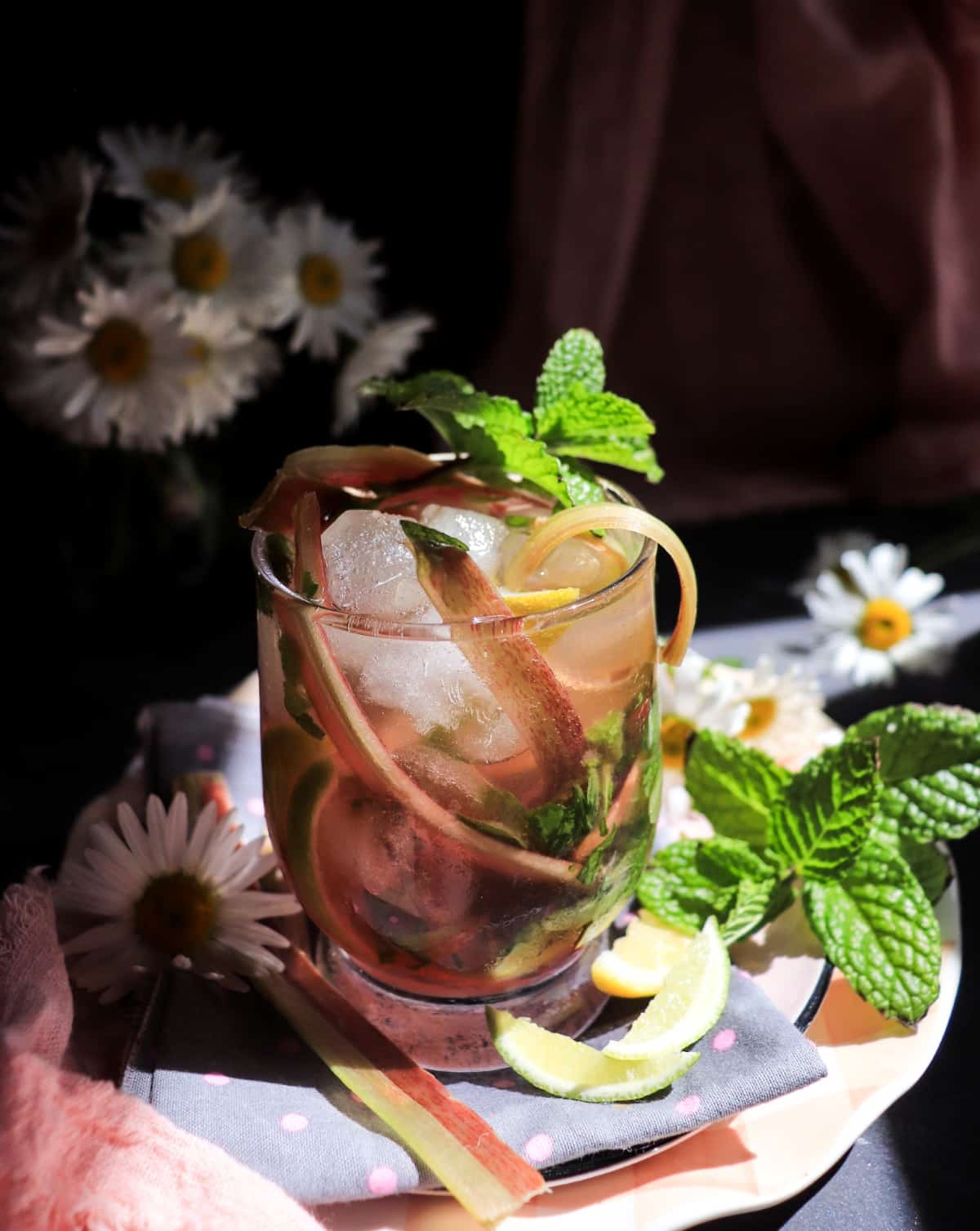 Rhubarb Mint Cooler with fresh mint, lime and sparkling water