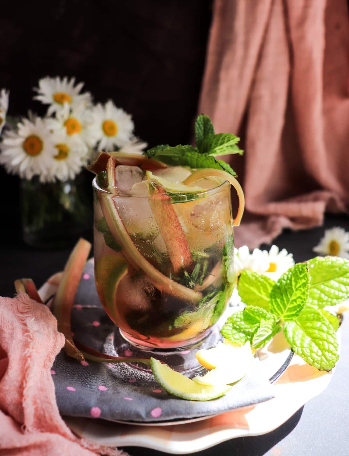 Easy Rhubarb Mint Cooler with rhubarb syrup, mint and lime