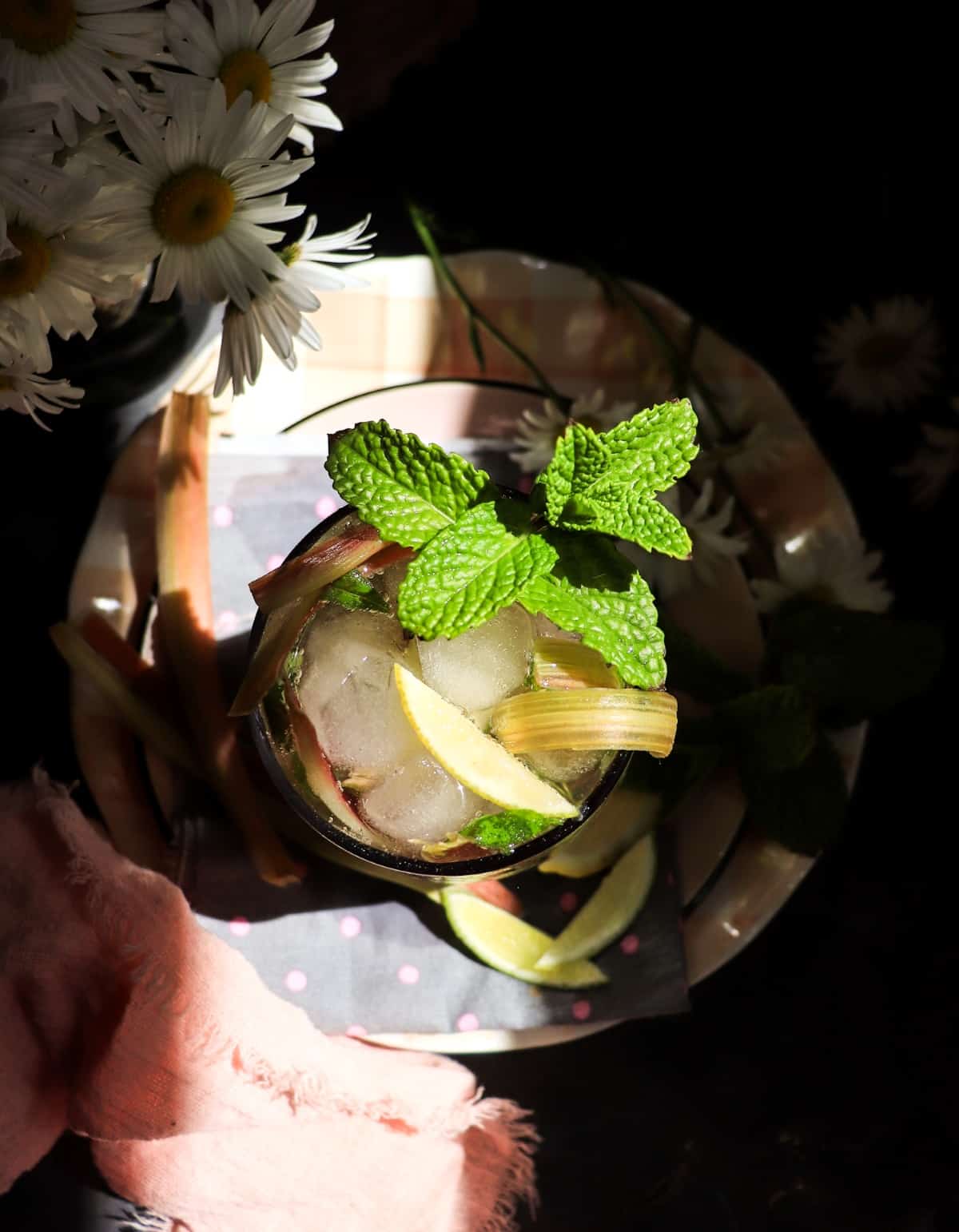 non-alcoholic summer cooler inspired by a mojito using rhubarb syrup