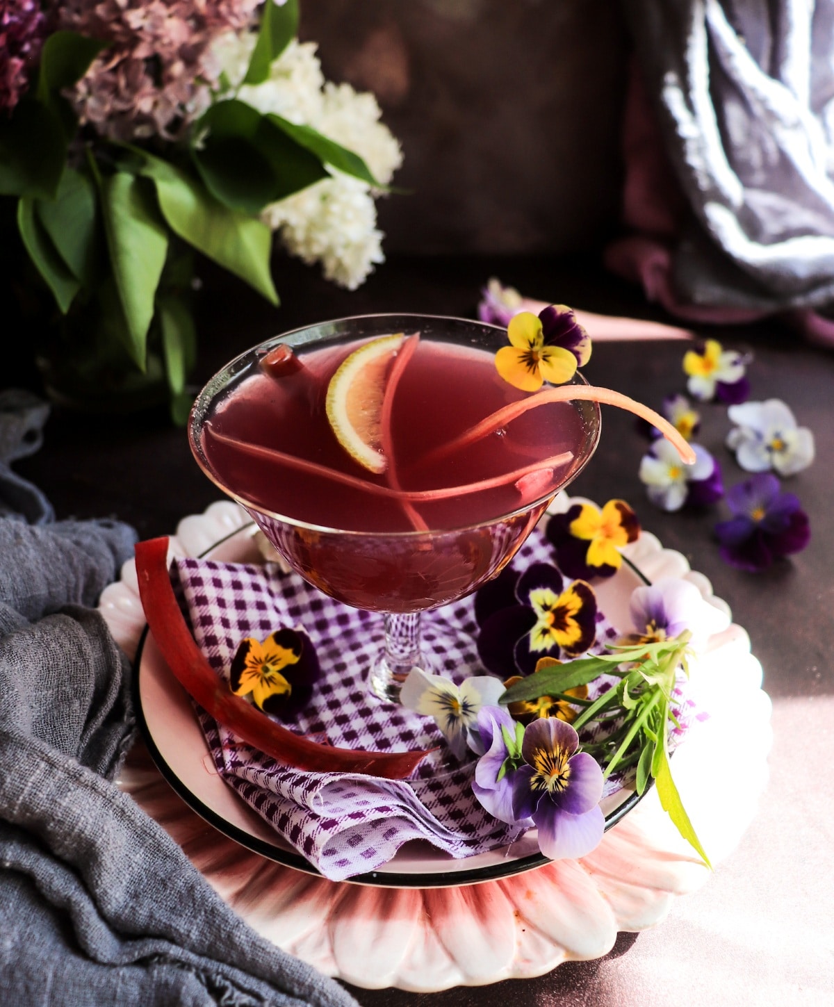 Floral gin cocktail with rhubarb syrup and Crème de Violette