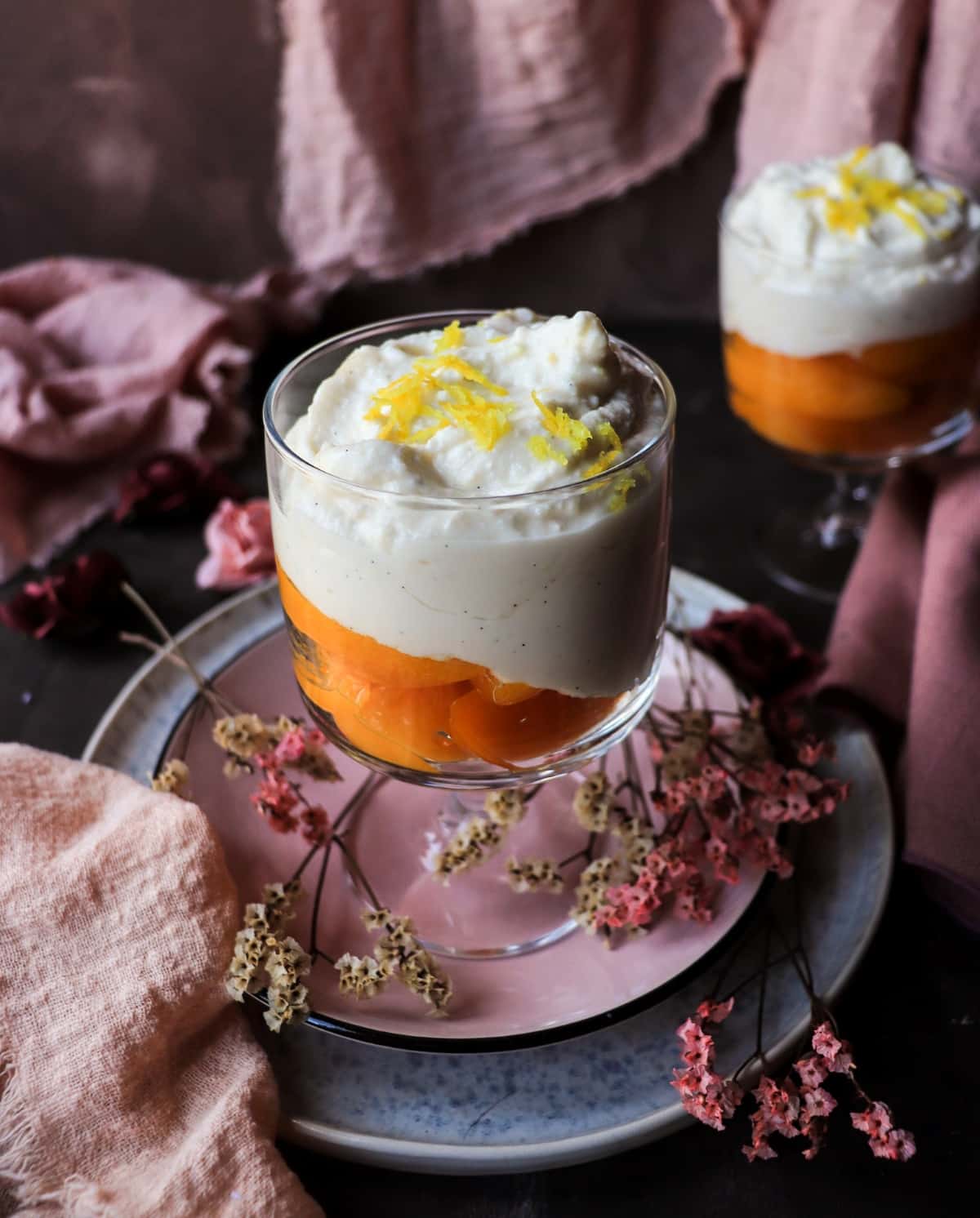 No-bake honey ricotta dessert with canned peaches and lemon zest.
