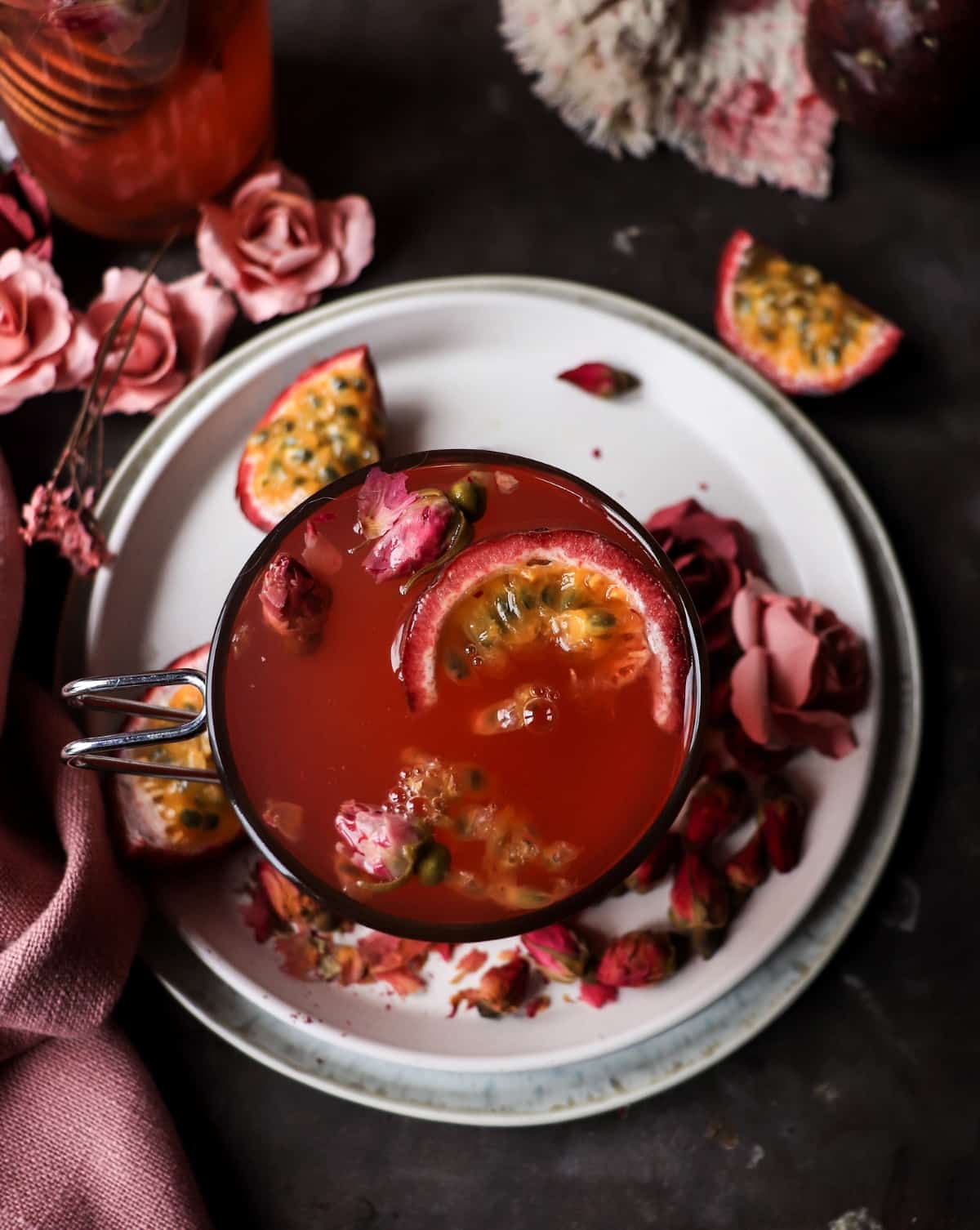 homemade rose tea with passion fruit