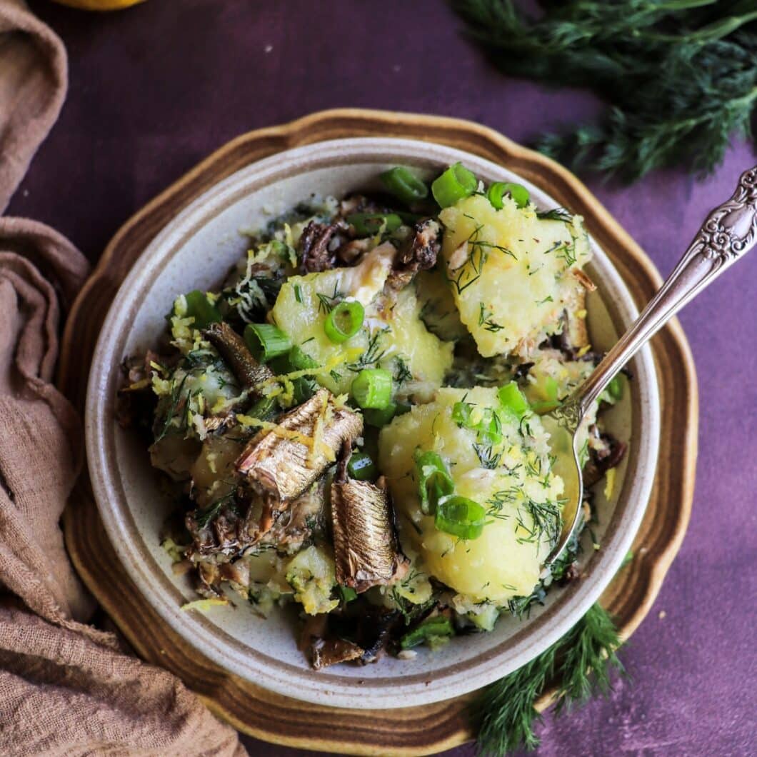 Rustic Potatoes with Smoked Sprats, Dill, and Lemon