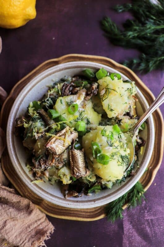 Rustic Potatoes with Smoked Sprats, Dill, and Lemon