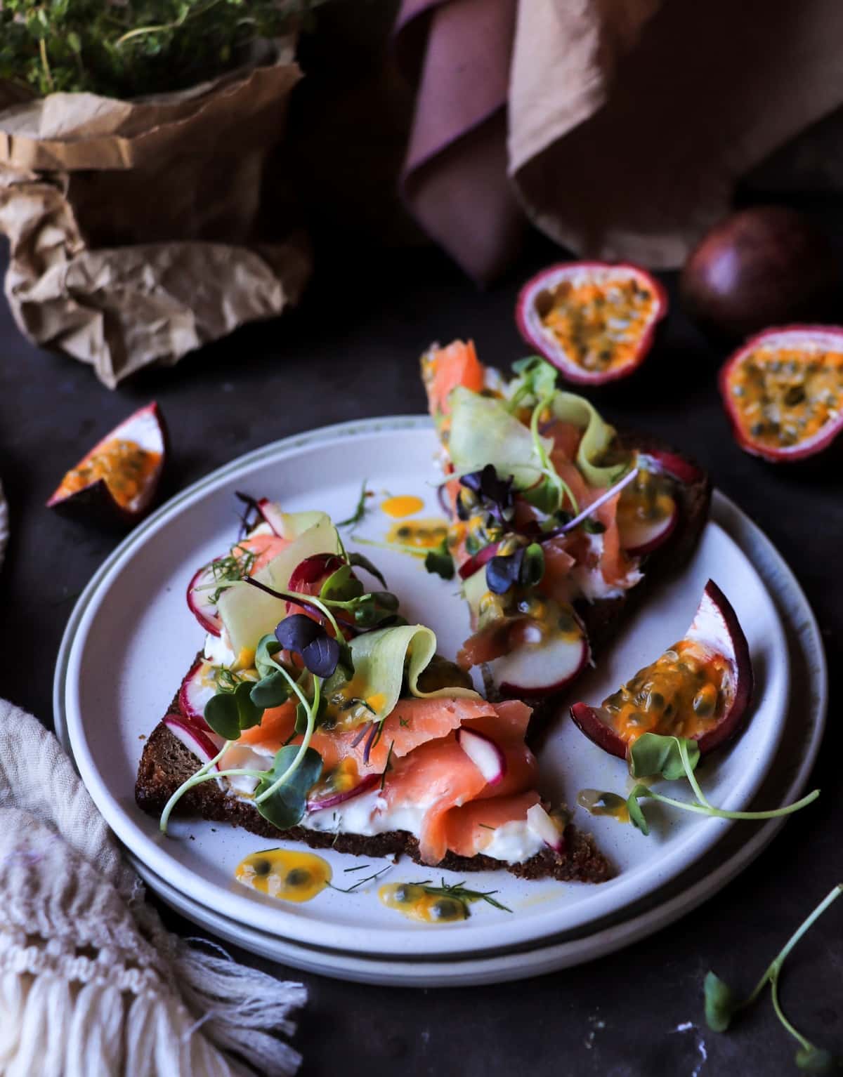 Smoked salmon and passion fruit toast with dill-horseradish cream