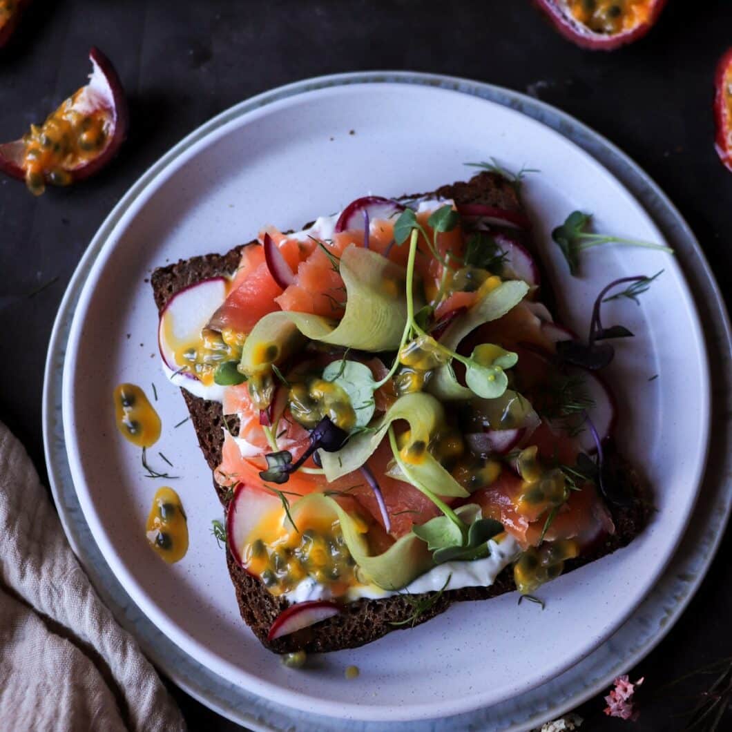 Rye Toast with Smoked Salmon and Passion Fruit
