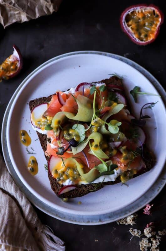 Rye Toast with Smoked Salmon and Passion Fruit