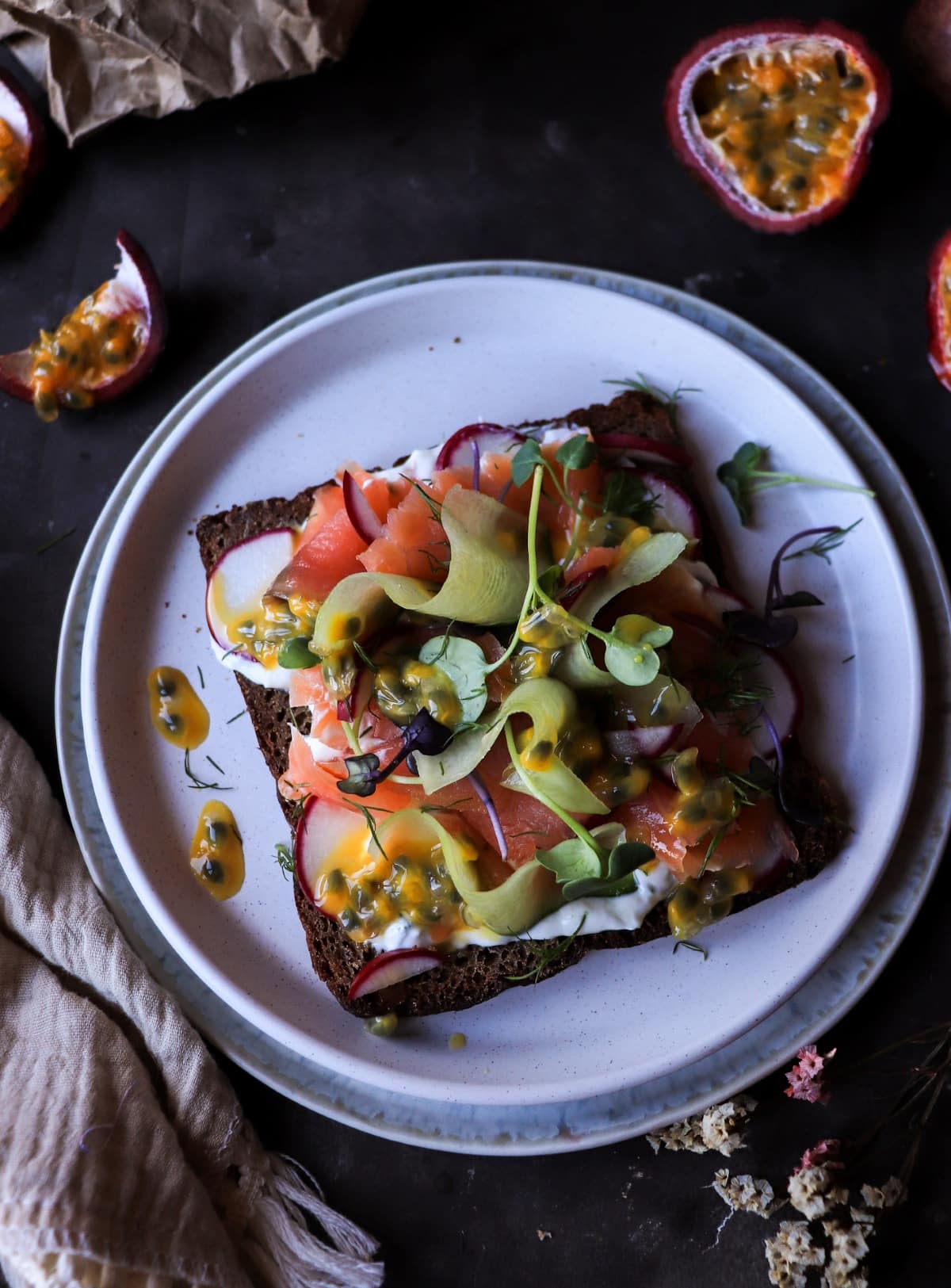 Rye toast with smoked salmon and passion