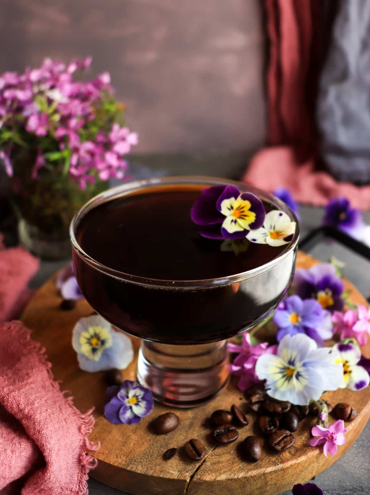 Violet Coffee Cocktail with dark spiced rum and violet liqueur
