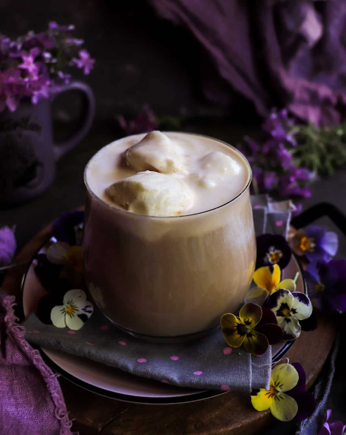 Iced coffee with vanilla ice cream and crème de violette