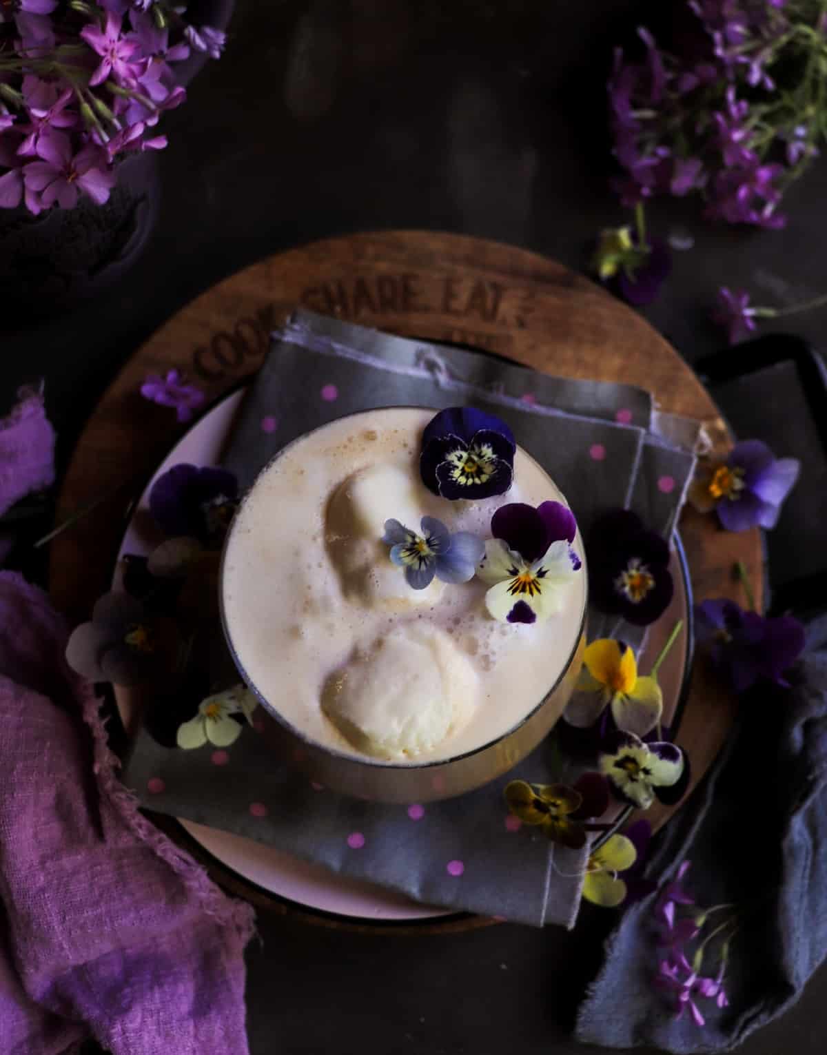Floral iced coffee made with crème de violette