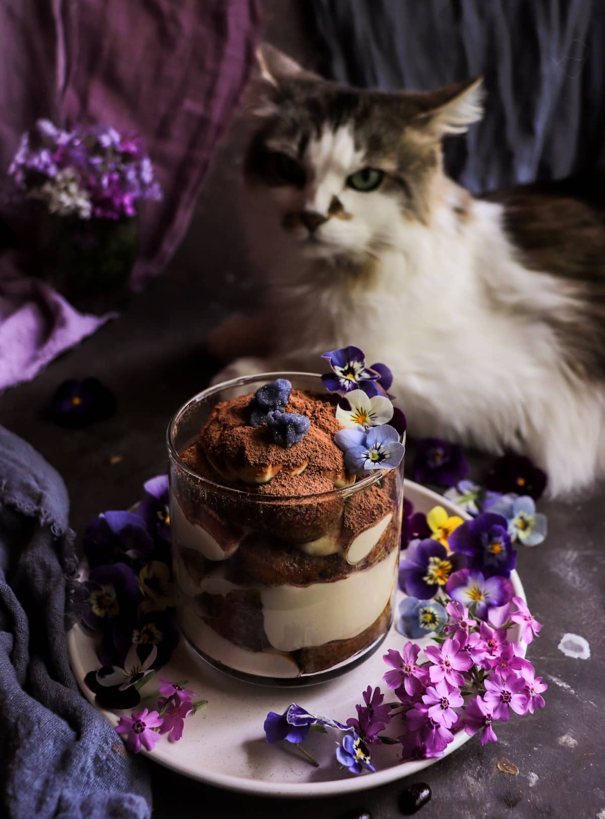 No-bake violet tiramisu recipe featuring coffee-soaked ladyfingers, mascarpone cream and floral crème de violette.