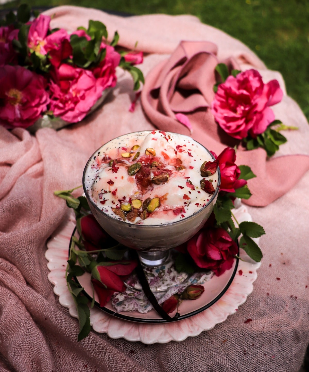 amaretto rose float with rose petal jam and pistachios
