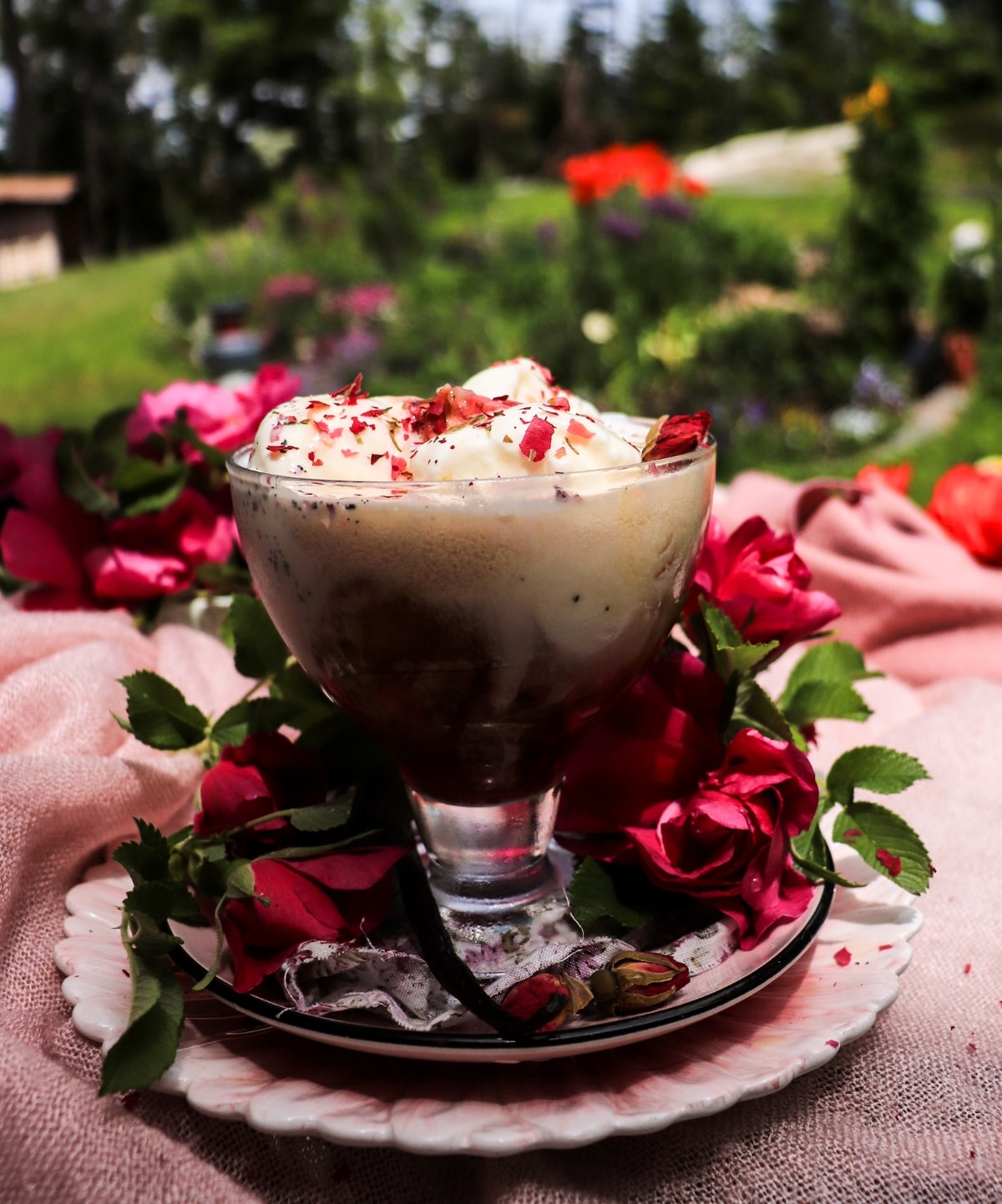 rose petal jam float with vanilla ice cream
