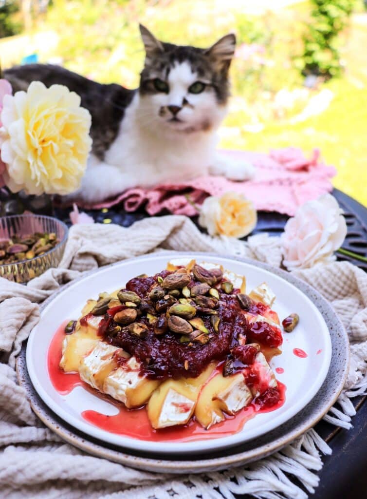 Baked Brie with Rose Petal Jam and Pistachios