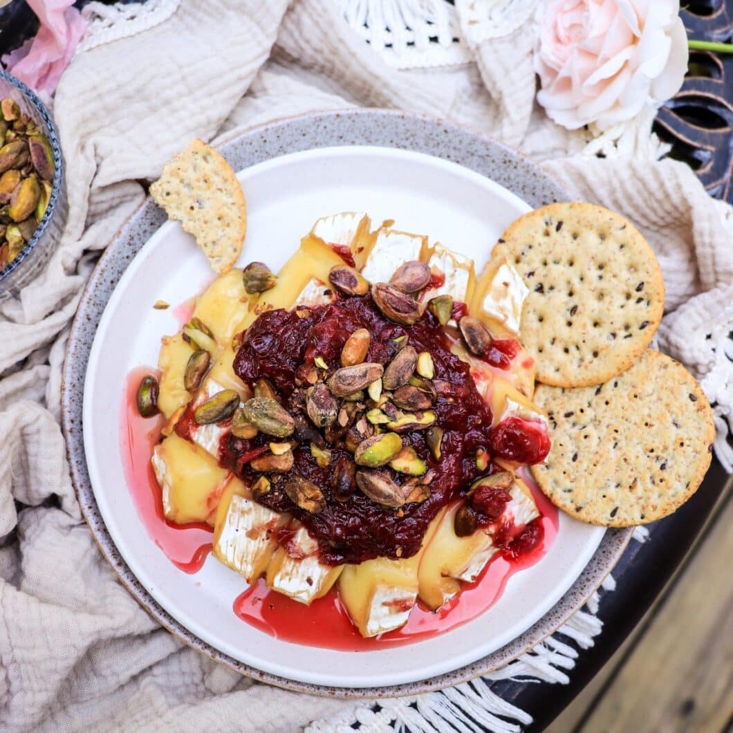 Baked Brie with Rose Petal Jam and Pistachios