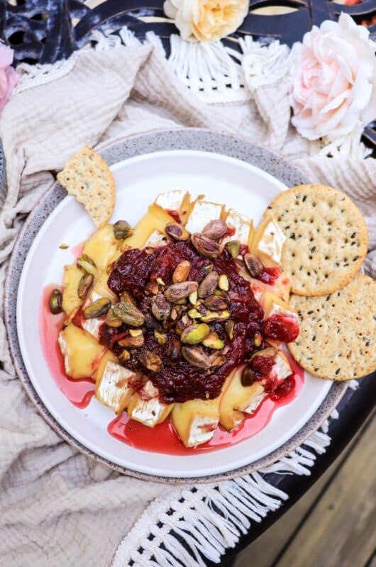 Baked Brie with Rose Petal Jam and Pistachios