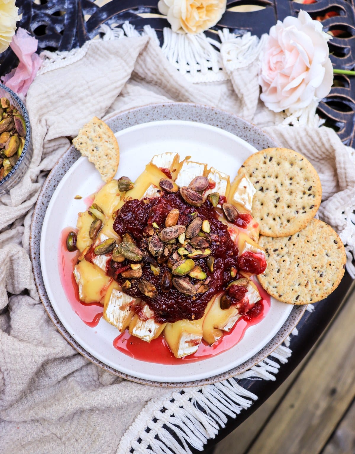 Baked Brie recipe  with rose petal jam and pistachios