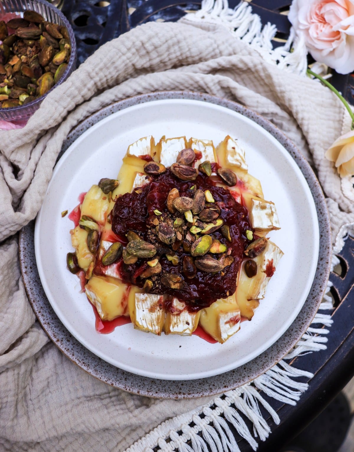 ideas how to use rose jam: Baked Brie with rose petal jam and pistachios