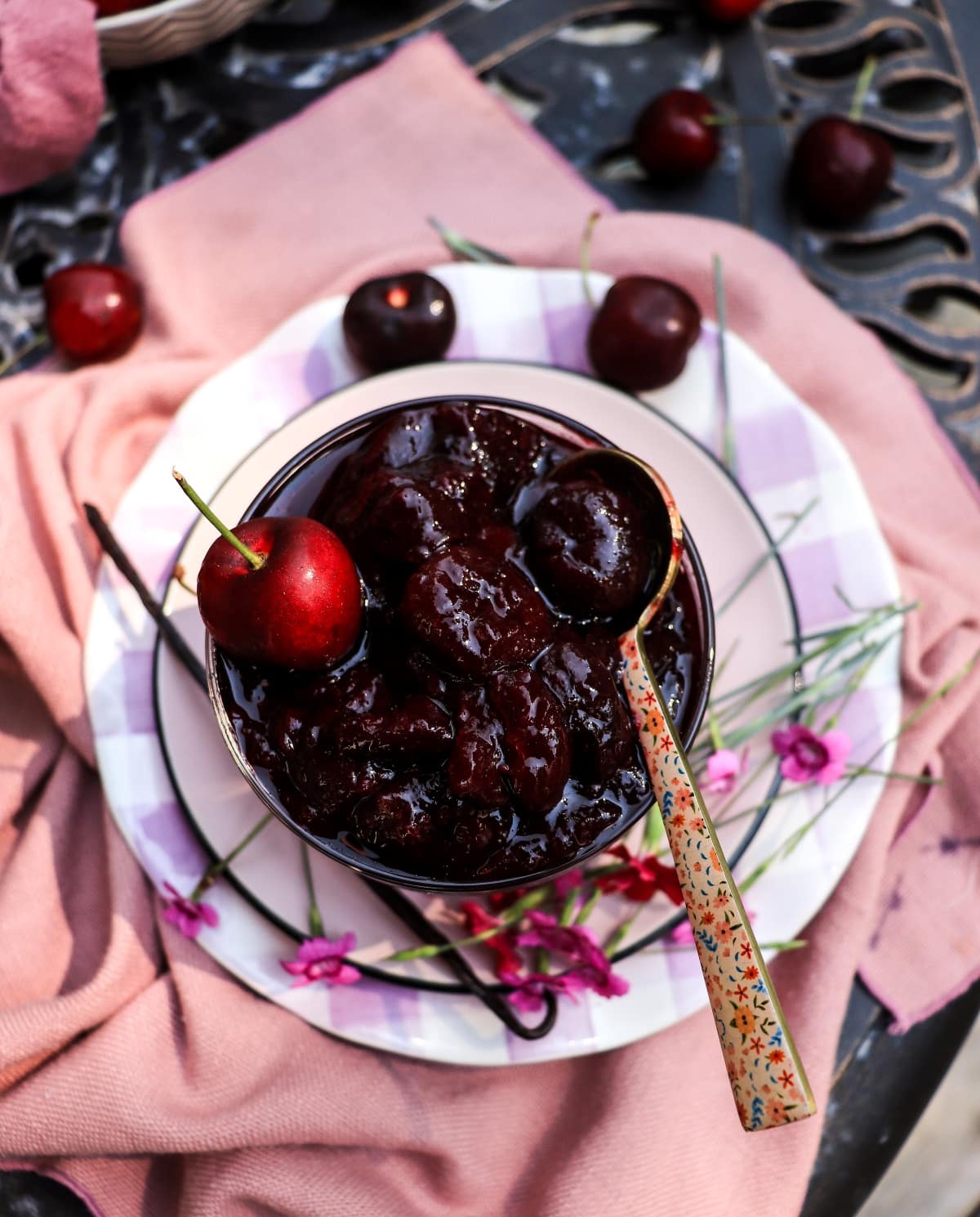 Homemade cherry preserves with vanilla and amaretto