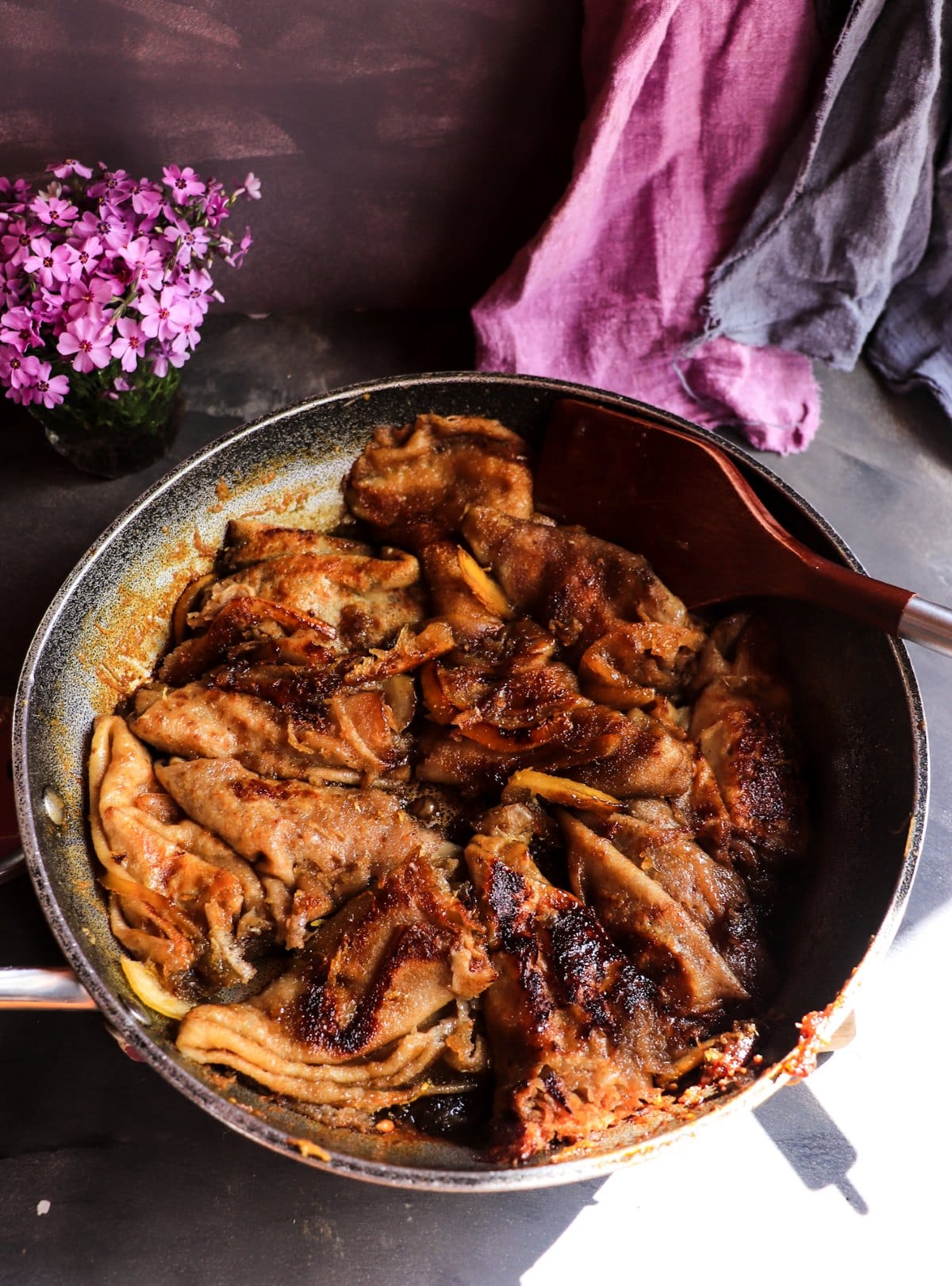 Caramelized Lemon Crêpes Suzette with Crème de Violette finishing in the skillet