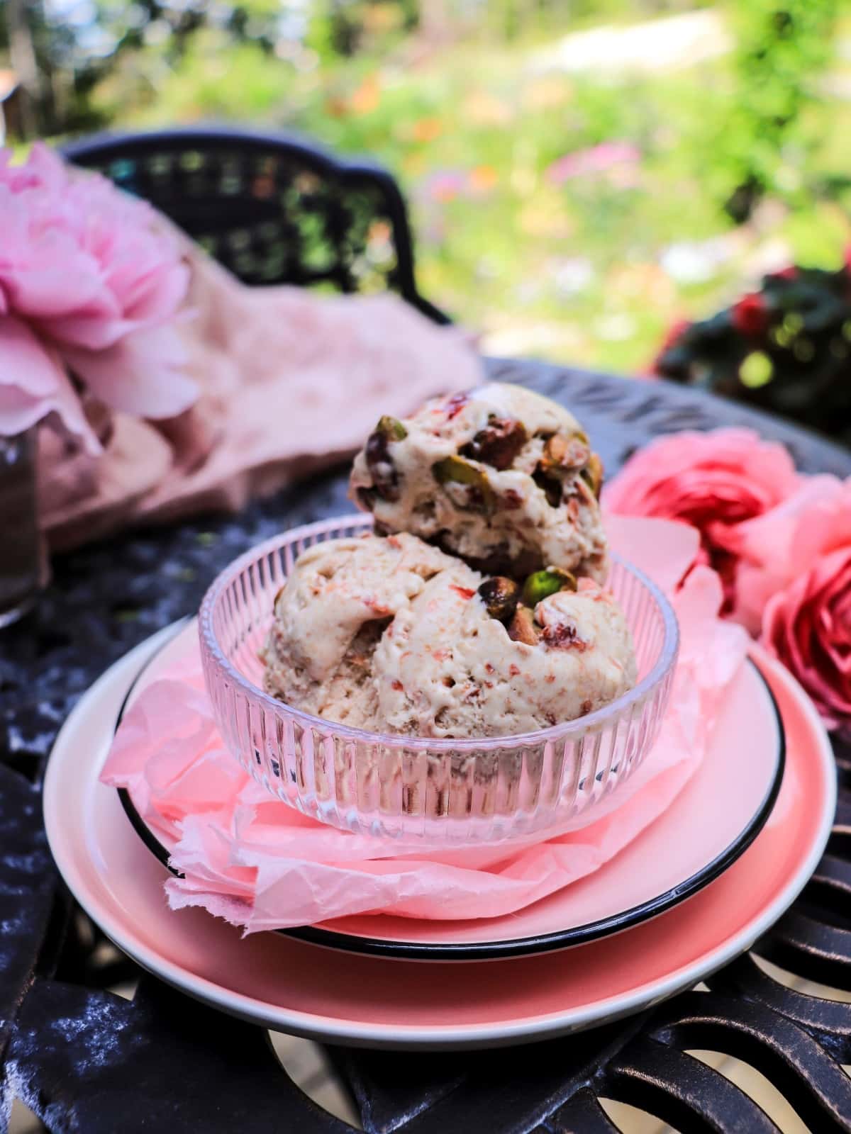 Creamy condensed milk rose ice cream with rose petal jam
