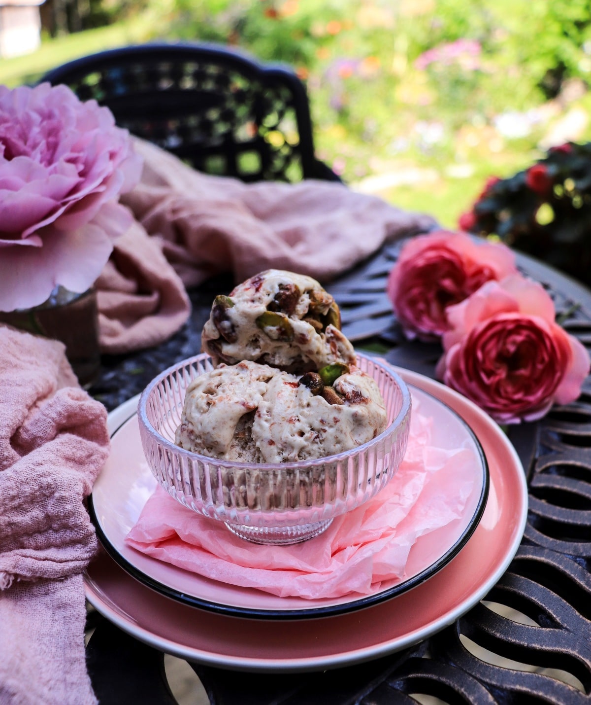 No-churn rose jam ice cream with rose petal jam and pistachios